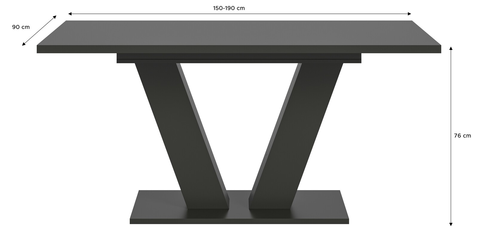 Moderner Esstisch mit V-förmigem Gestell, Ansicht von vorne, Maße: 150-190 cm Länge, 90 cm Breite, 76 cm Höhe