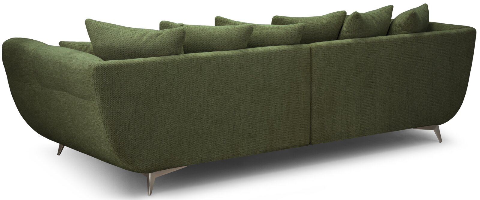 Grünes, gepolstertes Ecksofa mit strukturiertem Stoffbezug, vielen Rückenkissen und schmalen Metallfüßen, Ansicht schräg von hinten