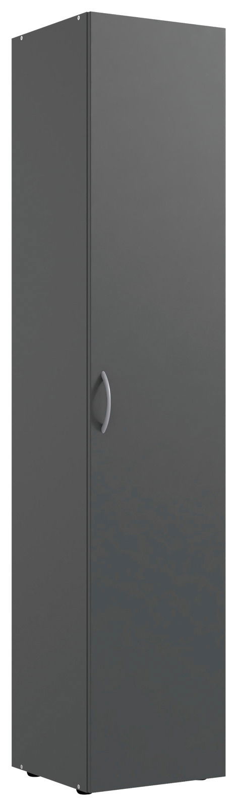 Grauer Mehrzweckschrank mit einer Tür und silbernem Griff, Frontalansicht