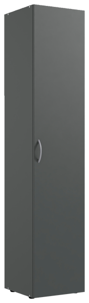Grauer Mehrzweckschrank mit einer Tür und silbernem Griff, Frontalansicht