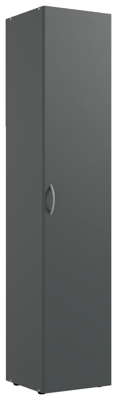 Grauer Mehrzweckschrank mit einer Tür und silbernem Griff, Frontalansicht