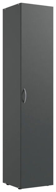 Grauer Mehrzweckschrank mit einer Tür und silbernem Griff, Frontalansicht