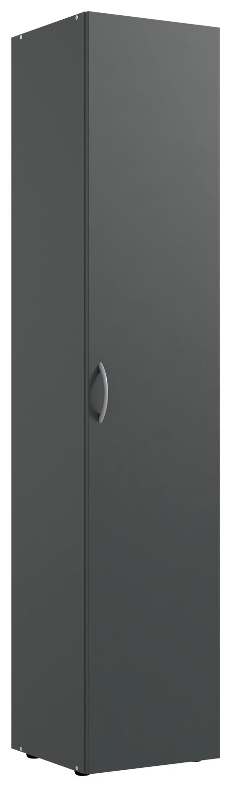 Grauer Mehrzweckschrank mit einer Tür und silbernem Griff, Frontalansicht