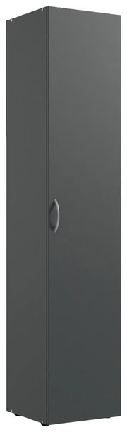 Grauer Mehrzweckschrank mit einer Tür und silbernem Griff, Frontalansicht