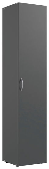 Grauer Mehrzweckschrank mit einer Tür und silbernem Griff, Frontalansicht