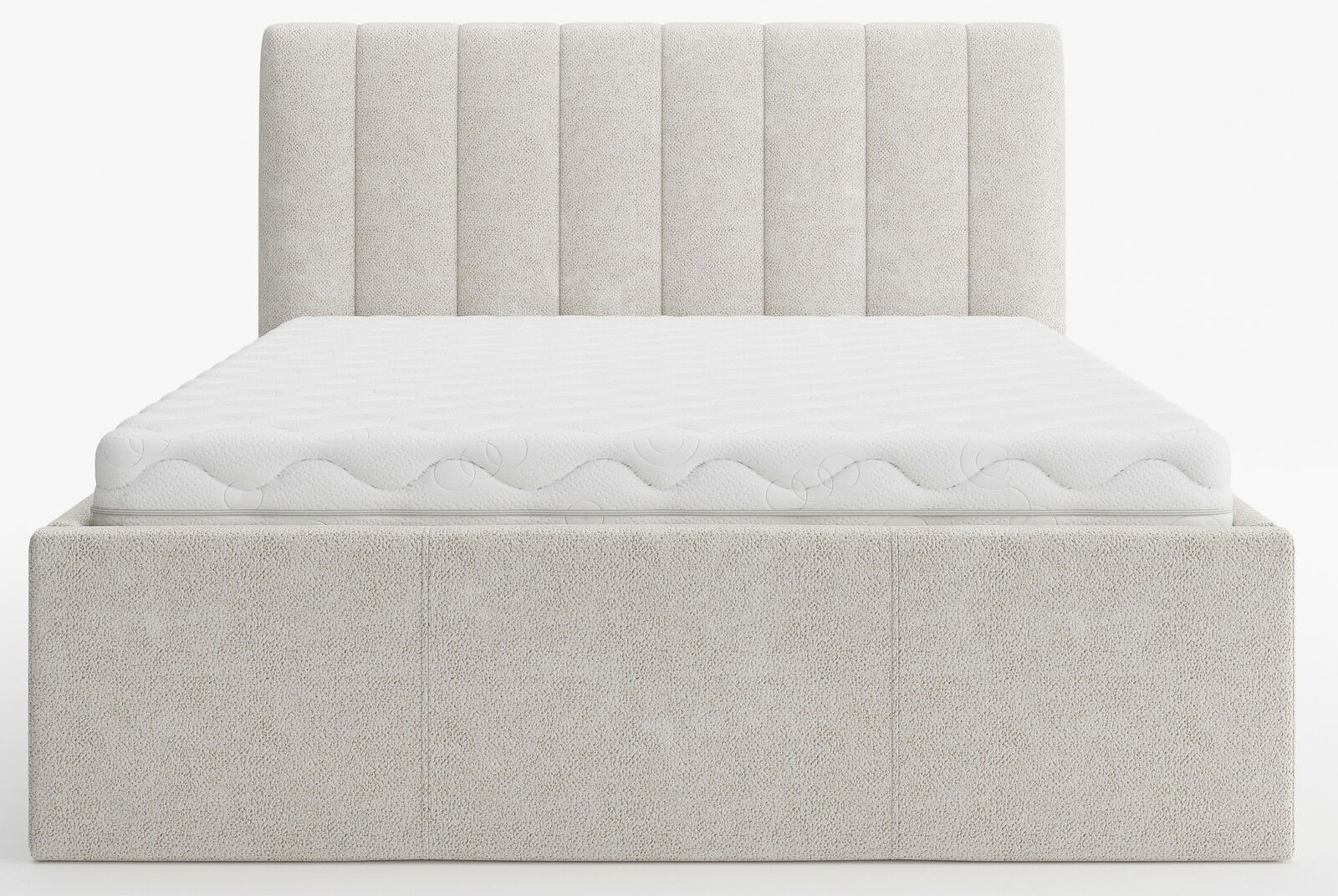 Frontale Ansicht eines Polsterbetts mit gestepptem Kopfteil und weißer Matratze.