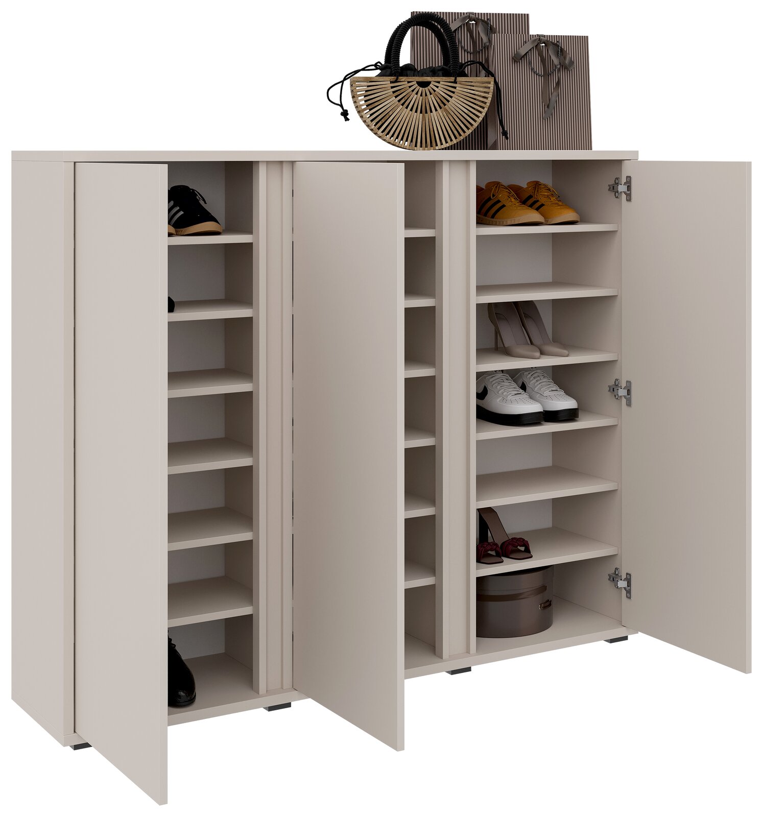 Moderner Schuhschrank mit offenen Türen, gefüllt mit verschiedenen Schuhen, aus einer frontalen Perspektive betrachtet.