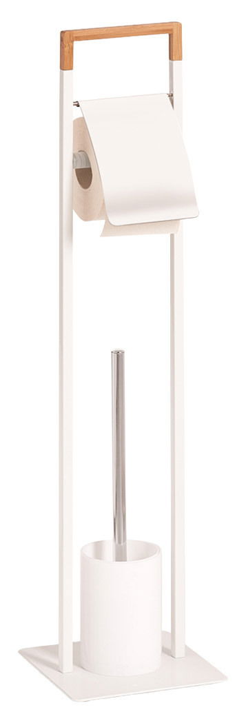 WC-Garnitur mit Toilettenpapierhalter und Bürstenhalter, aus weißem Metall mit Holzgriff, Frontalansicht