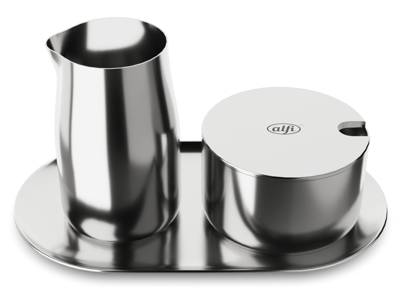 Elegantes Milch- und Zucker-Set aus Edelstahl, bestehend aus einem Krug und einer Zuckerdose mit Deckel, auf einem Tablett. Ansicht von oben.