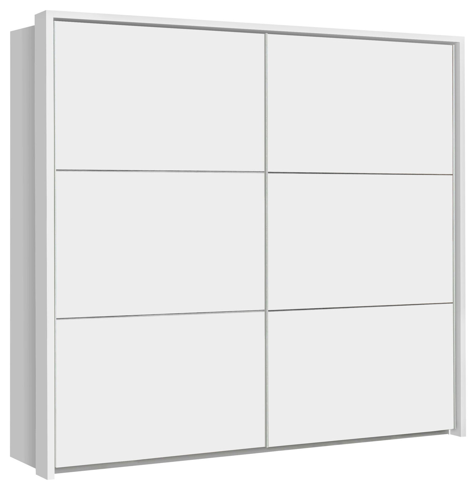 Moderner, zweiflügeliger Schwebetürenschrank in Weiß, seitliche Perspektive