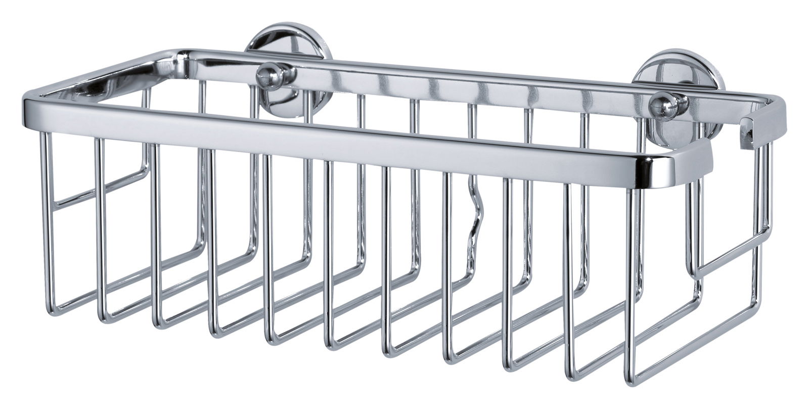 Chromfarbener, einstöckiger Duschkorb aus Metall mit Wandhalterung, seitliche Perspektive