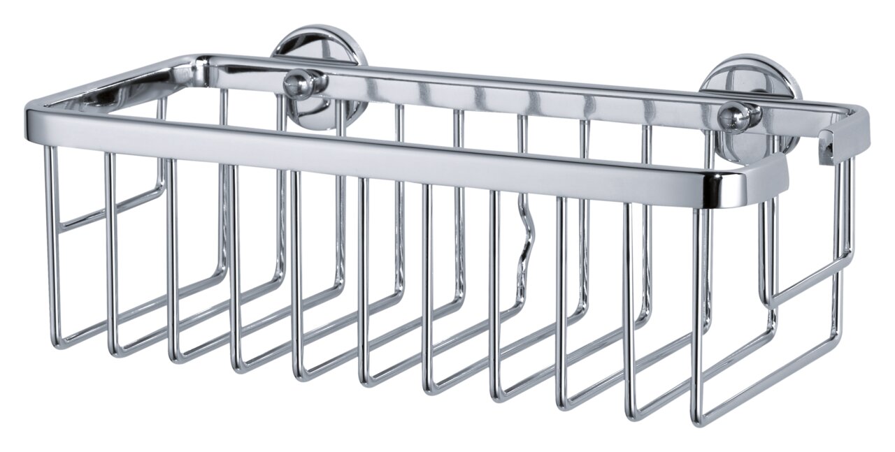 Tesa Duschkorb ALUXX CHROME Chromfarbener, einstöckiger Duschkorb aus Metall mit Wandhalterung, seitliche Perspektive
