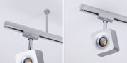 Silberne Deckenabhängung mit quadratischem LED-Spot, seitliche Perspektive