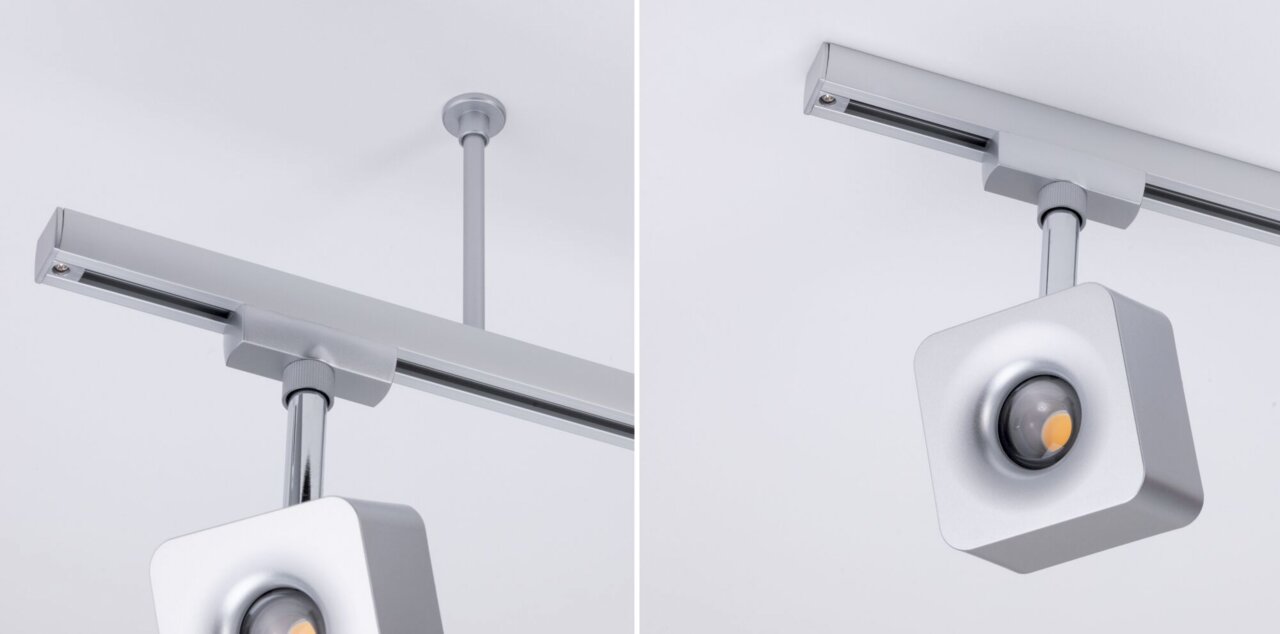 Silberne Deckenabhängung mit quadratischem LED-Spot, seitliche Perspektive