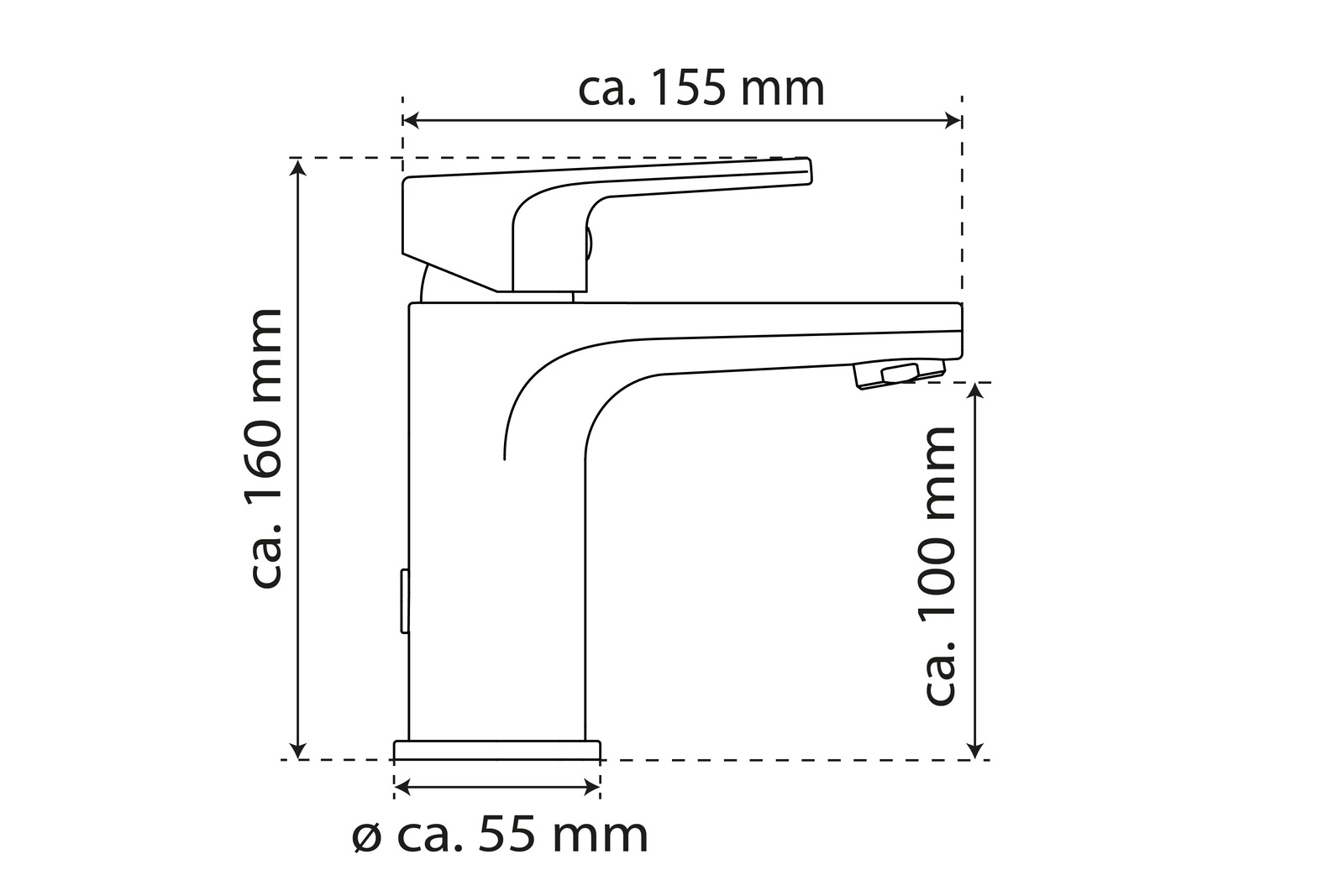 Technische Zeichnung einer Waschtischarmatur in Seitenansicht mit Maßen: Höhe ca. 160 mm, Ausladung ca. 155 mm, Auslaufhöhe ca. 100 mm, Sockeldurchmesser ca. 55 mm.