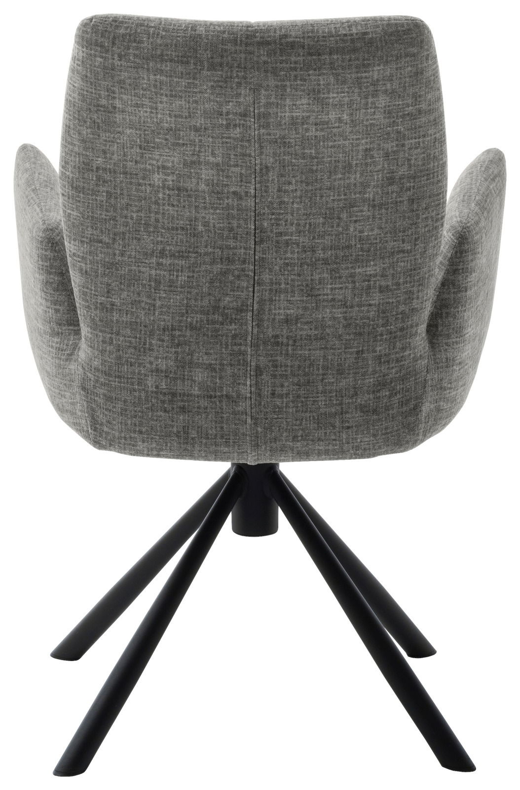 Rückansicht eines grauen Sessels mit schwarzem Metallgestell und vier Beinen