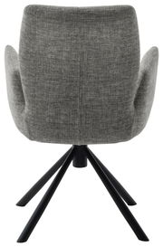 Rückansicht eines grauen Sessels mit schwarzem Metallgestell und vier Beinen