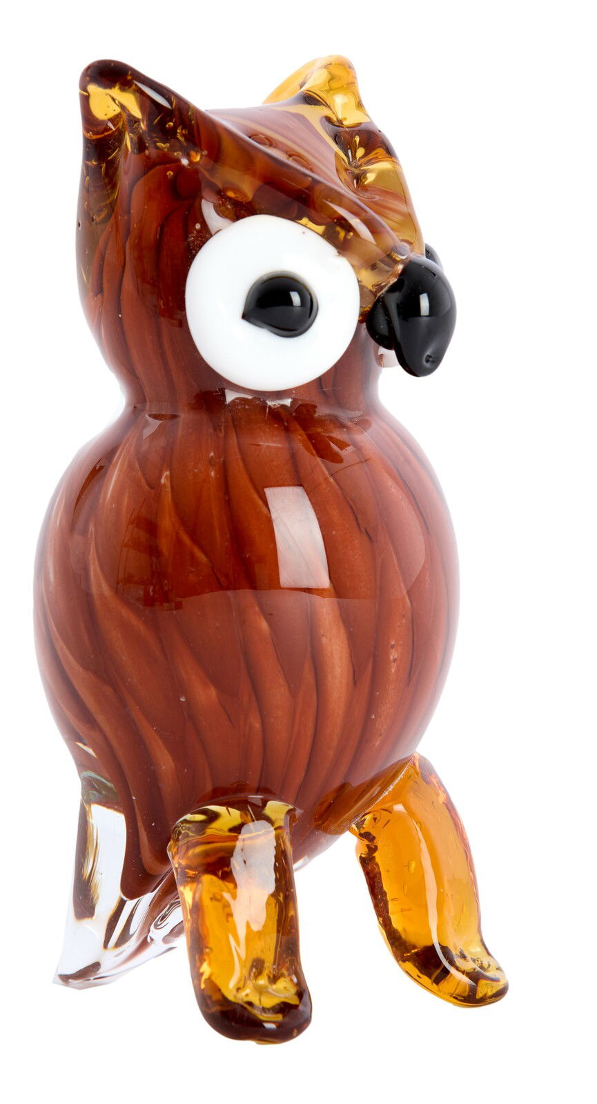 Glasornament in Form einer Eule, aus braunem und klarem Glas, mit großen weißen Augen, seitliche Perspektive