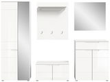 Moderne Garderobenkombination in Weiß mit Spiegel, Schrank, Schuhbank und Wandpaneel mit Haken, frontal betrachtet.