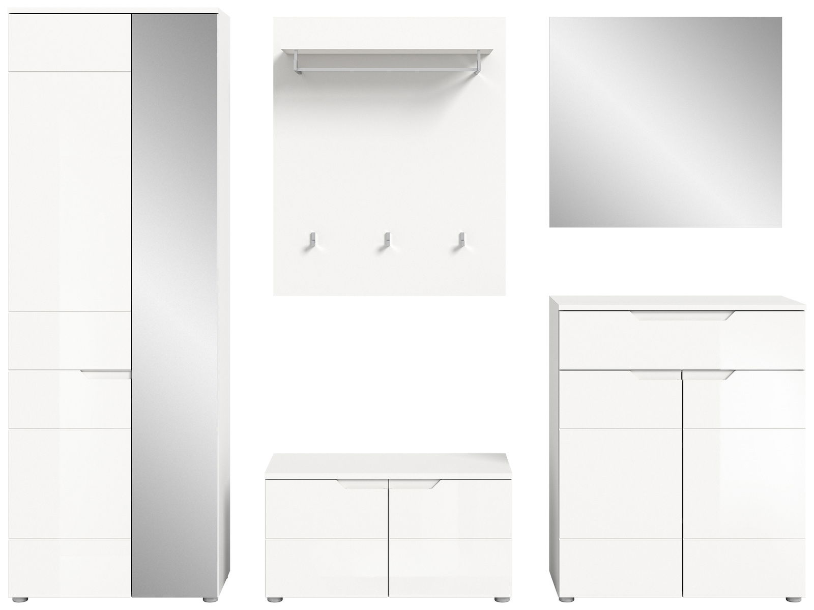 Moderne Garderobenkombination in Weiß mit Spiegel, Schrank, Schuhbank und Wandpaneel mit Haken, frontal betrachtet.