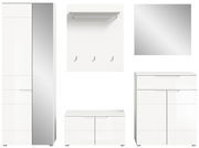 Moderne Garderobenkombination in Weiß mit Spiegel, Schrank, Schuhbank und Wandpaneel mit Haken, frontal betrachtet.