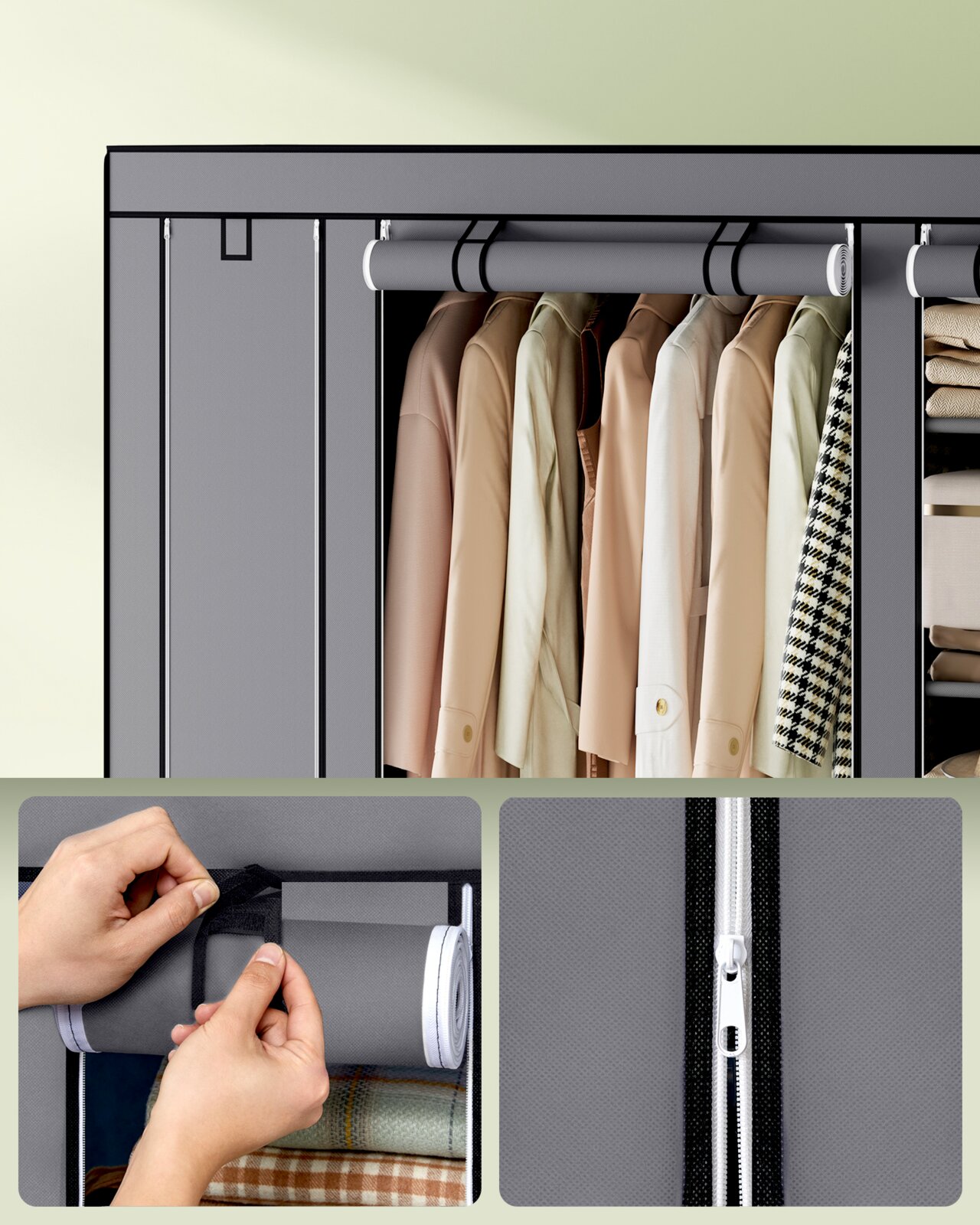 Grauer Stoff-Kleiderschrank mit Kleiderstange und aufgehängten Jacken; Detailansichten von aufgerollter Abdeckung mit Klettverschluss und Reißverschluss, Frontansicht.