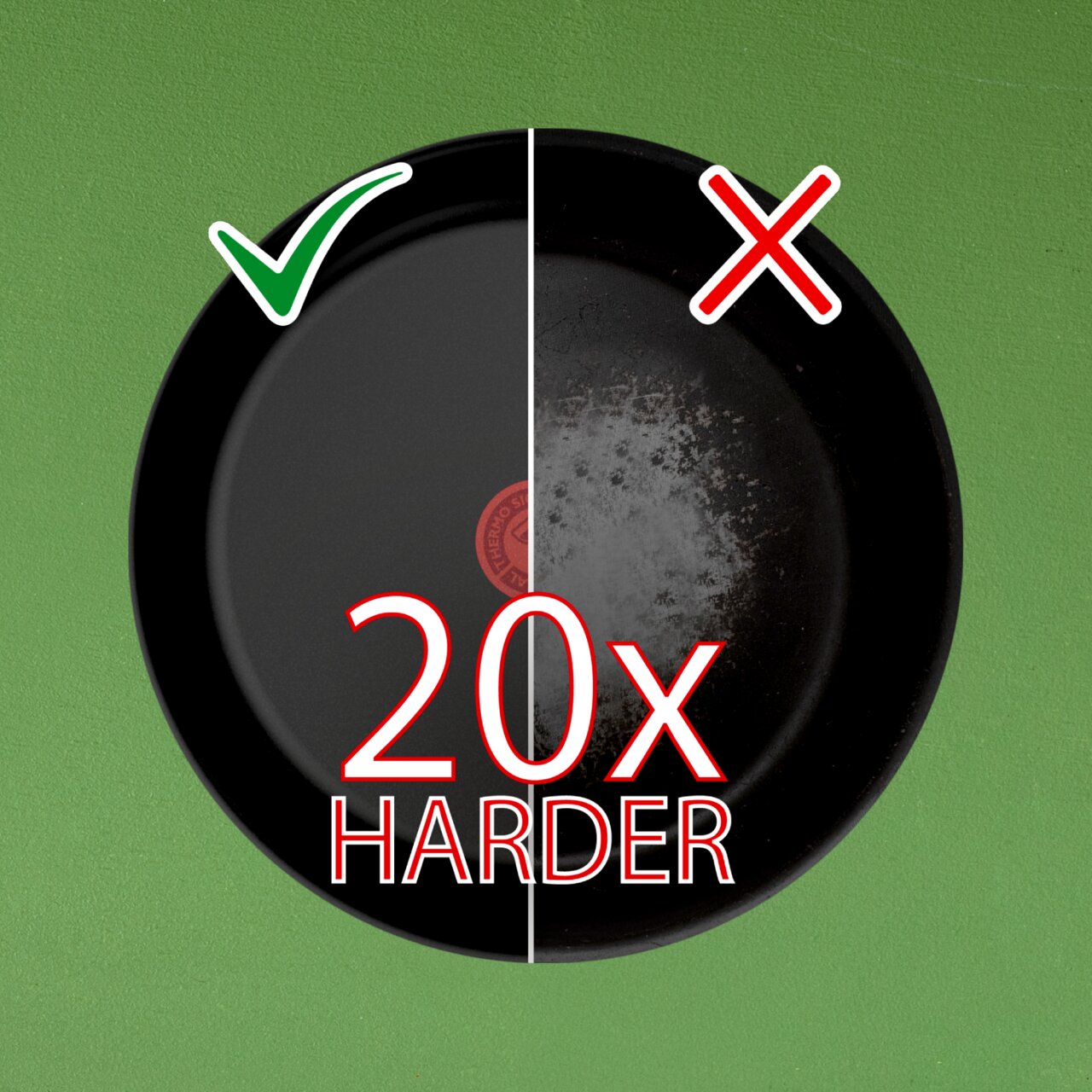 Keramik-Schmorpfanne mit 24 cm Durchmesser, aus der Vogelperspektive gezeigt. Die linke Seite ist intakt, die rechte Seite zeigt Abnutzungsspuren. Text '20x härter' ist in der Mitte zu sehen.