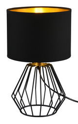 Moderne Tischleuchte CHUCK mit schwarzem Lampenschirm und geometrischem Metallfuß, seitliche Perspektive