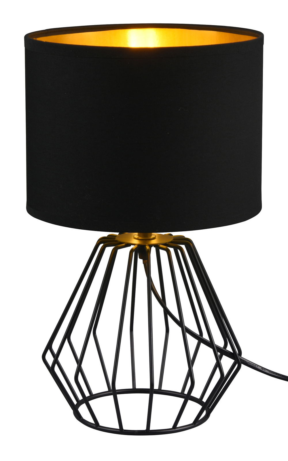 Moderne Tischleuchte CHUCK mit schwarzem Lampenschirm und geometrischem Metallfuß, seitliche Perspektive