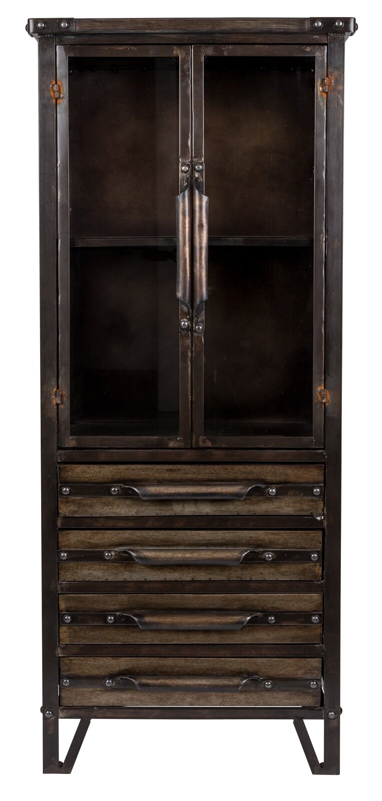 Vorderansicht eines industriellen Highboards mit Glastüren und mehreren Schubladen, aus dunklem Metall und Holz gefertigt.