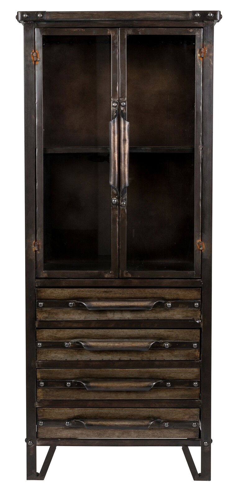 Vorderansicht eines industriellen Highboards mit Glastüren und mehreren Schubladen, aus dunklem Metall und Holz gefertigt.