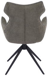 Rückansicht eines modernen Armlehnstuhls mit grauem Stoffbezug und schwarzem Metallgestell.