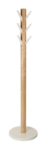 Moderner Garderobenständer aus Holz mit weißen Haken, frontal abgebildet.