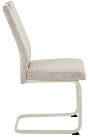 Seitenansicht eines beige gepolsterten Schwingstuhls mit Metallgestell.