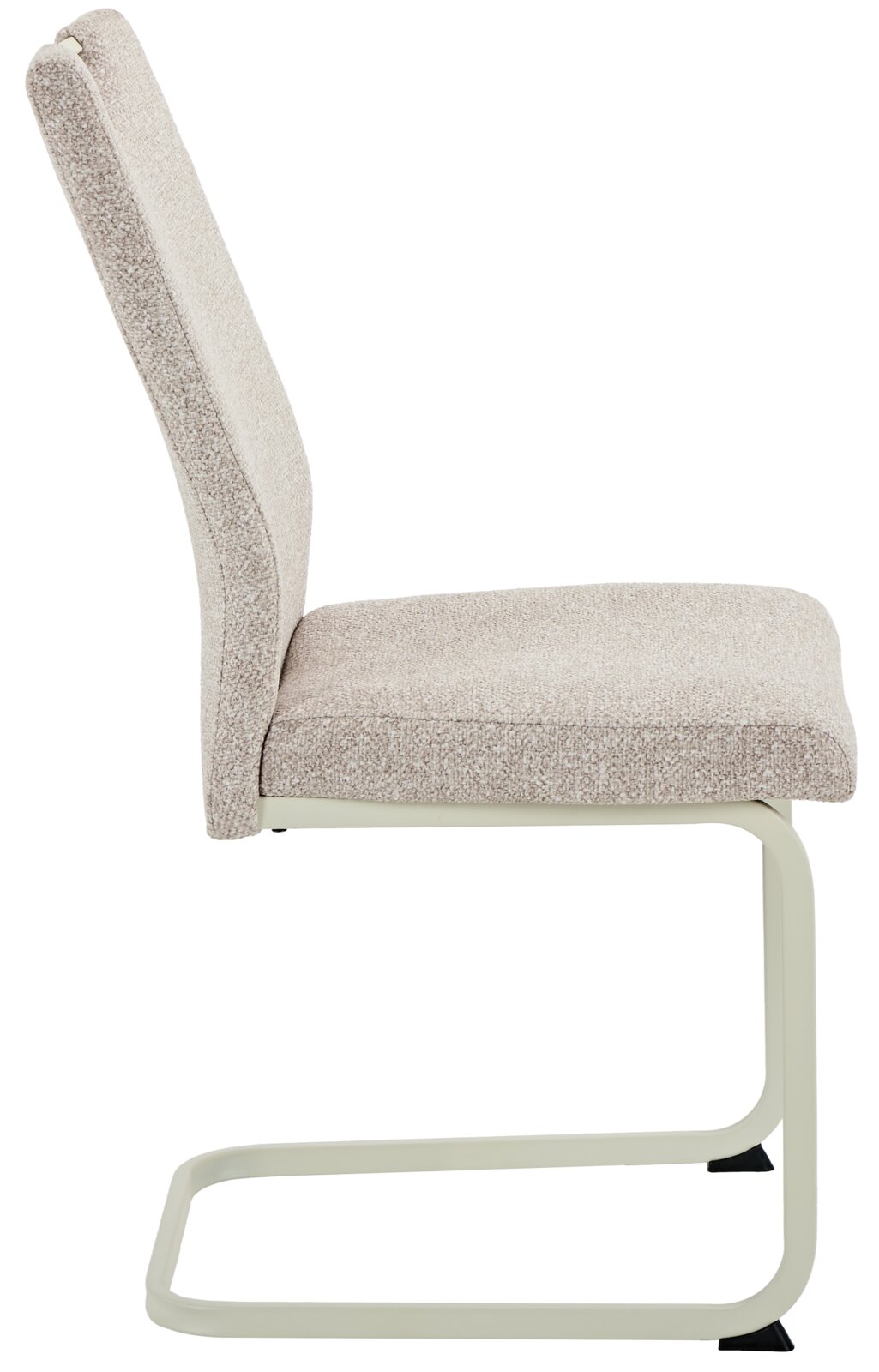 Seitenansicht eines beige gepolsterten Schwingstuhls mit Metallgestell.