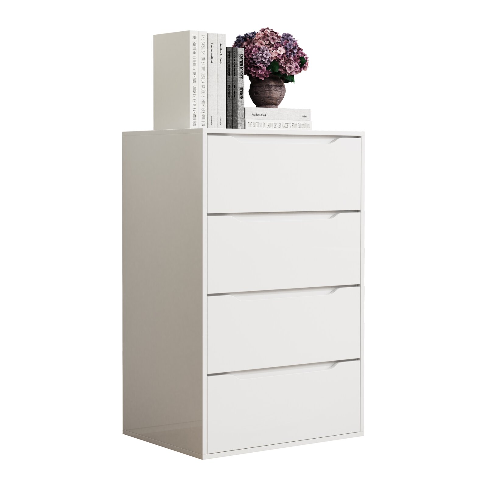 Weißes, minimalistisches Schubladen-Highboard mit vier grifflosen Schubladen, darauf Bücher und eine Blume in Vase, gezeigt in leichter Frontansicht mit sichtbarer linker Seite vor weißem Hintergrund