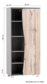 Midischrank 60 mit Holzoptik, offene Tür zeigt Innenregale, Frontansicht