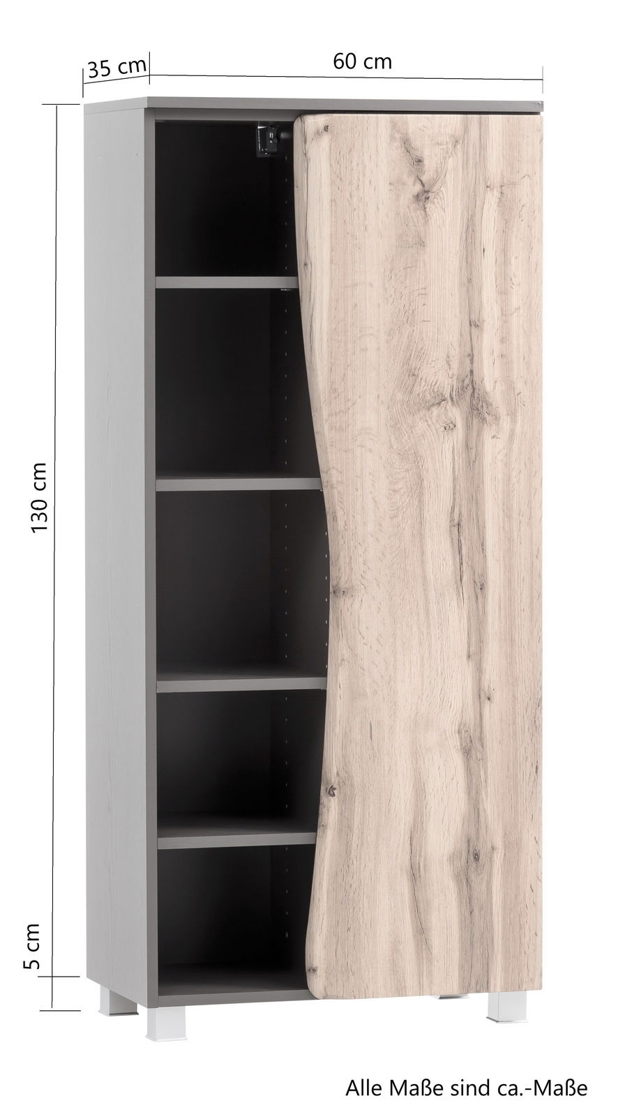 Midischrank 60 mit Holzoptik, offene Tür zeigt Innenregale, Frontansicht
