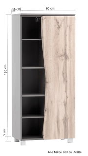Midischrank 60 mit Holzoptik, offene Tür zeigt Innenregale, Frontansicht