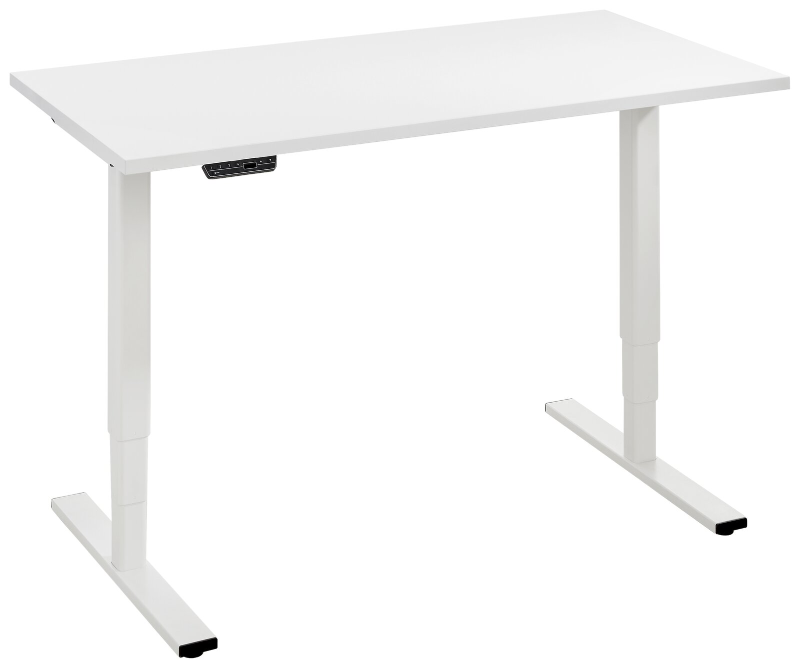 E-Serie E-Schreibtisch E-FLEX Weißer höhenverstellbarer E-Schreibtisch der Serie EFLEX von Voleo, seitliche Perspektive