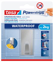 Verpackung von tesa Powerstrips Waterproof Haken, selbstklebend und spurlos ablösbar, geeignet für bis zu 2 kg, perspektivisch von vorne.