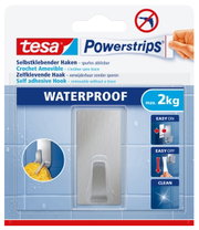 Verpackung von tesa Powerstrips Waterproof Haken, selbstklebend und spurlos ablösbar, geeignet für bis zu 2 kg, perspektivisch von vorne.