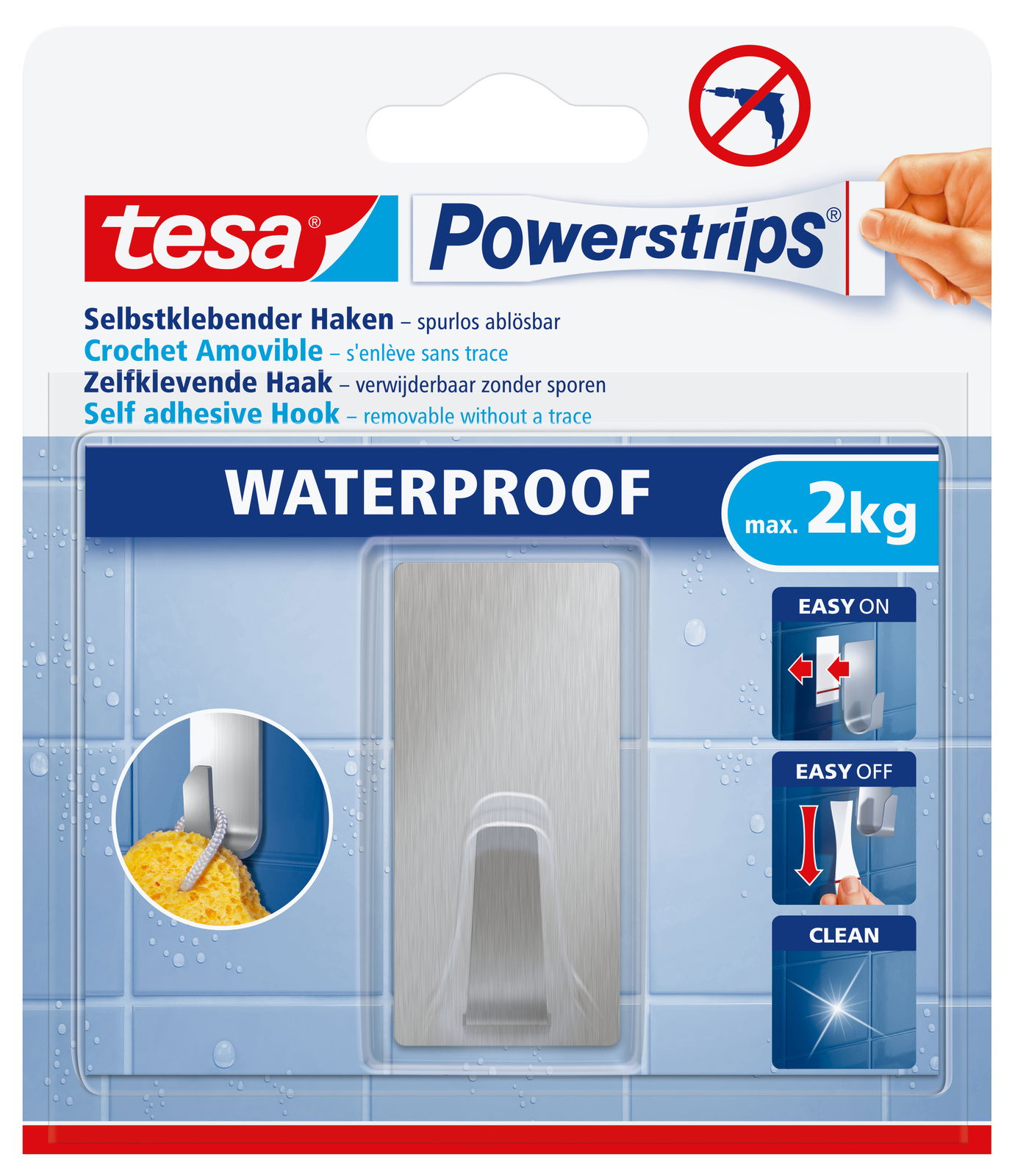 Verpackung von tesa Powerstrips Waterproof Haken, selbstklebend und spurlos ablösbar, geeignet für bis zu 2 kg, perspektivisch von vorne.