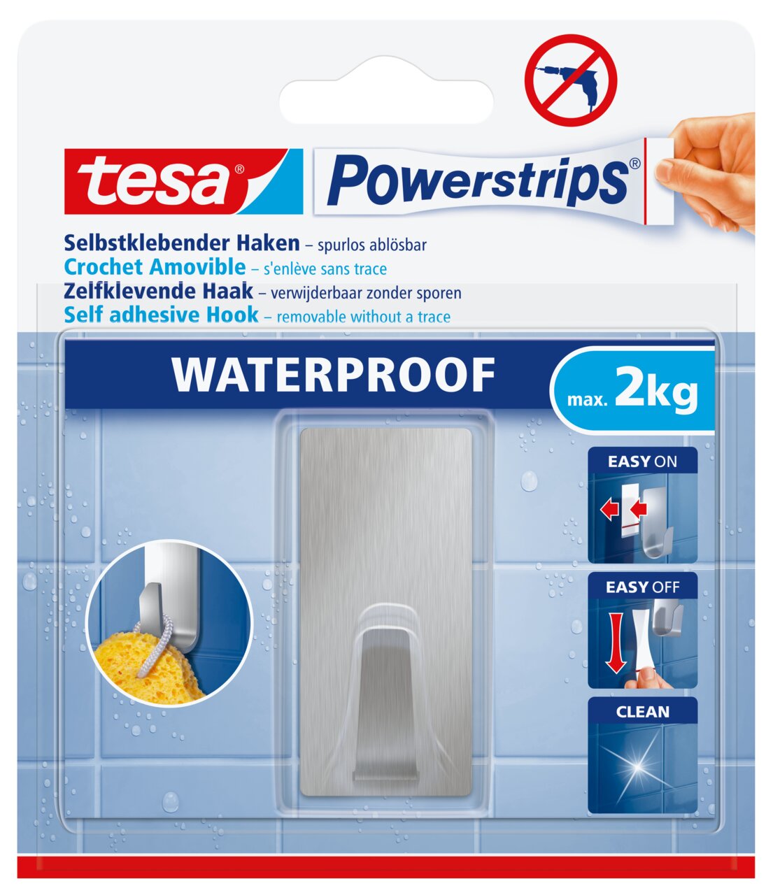 Verpakking van tesa Powerstrips Waterproof-haken, zelfklevend en spoorloos verwijderbaar, geschikt voor maximaal 2 kg, perspectiefaanzicht van voren.