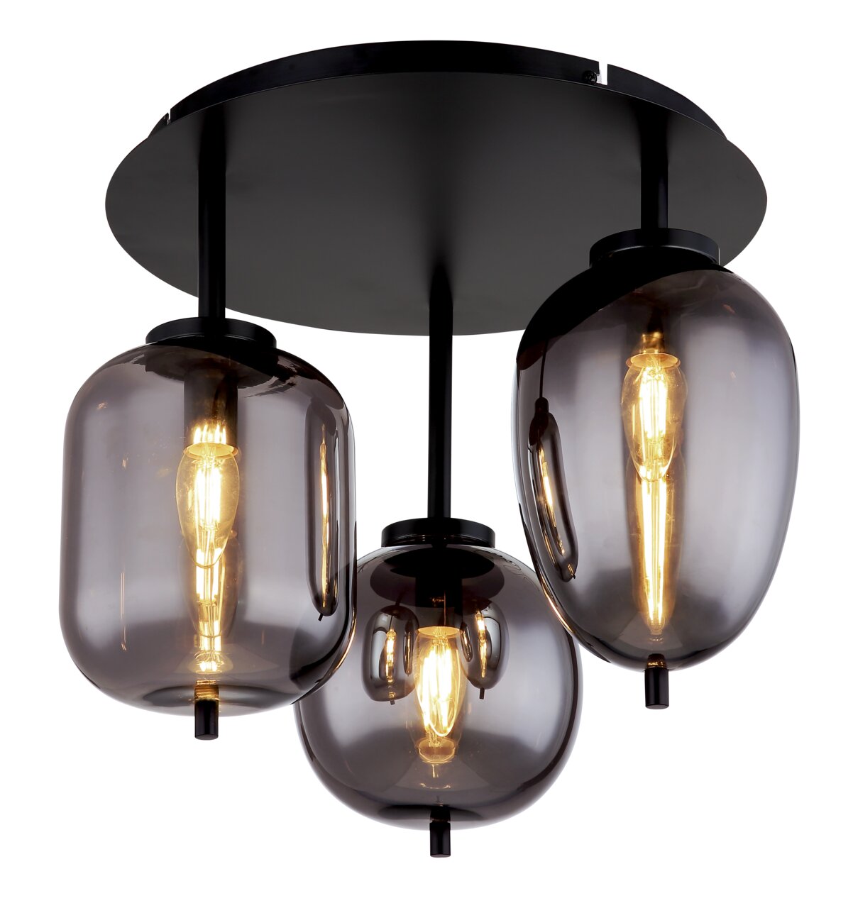 Globo Lighting Deckenleuchte BLACKY Moderne Deckenleuchte mit drei rauchgrauen Glaskugeln, von unten betrachtet.