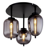 Moderne Deckenleuchte mit drei rauchgrauen Glaskugeln, von unten betrachtet.