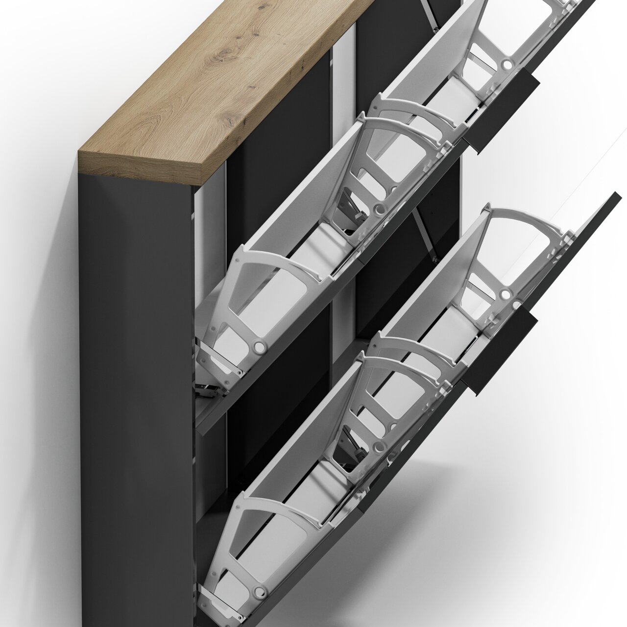 Moderner Hängeschuhschrank mit Holzoberfläche und offenen Klappen, seitliche Perspektive