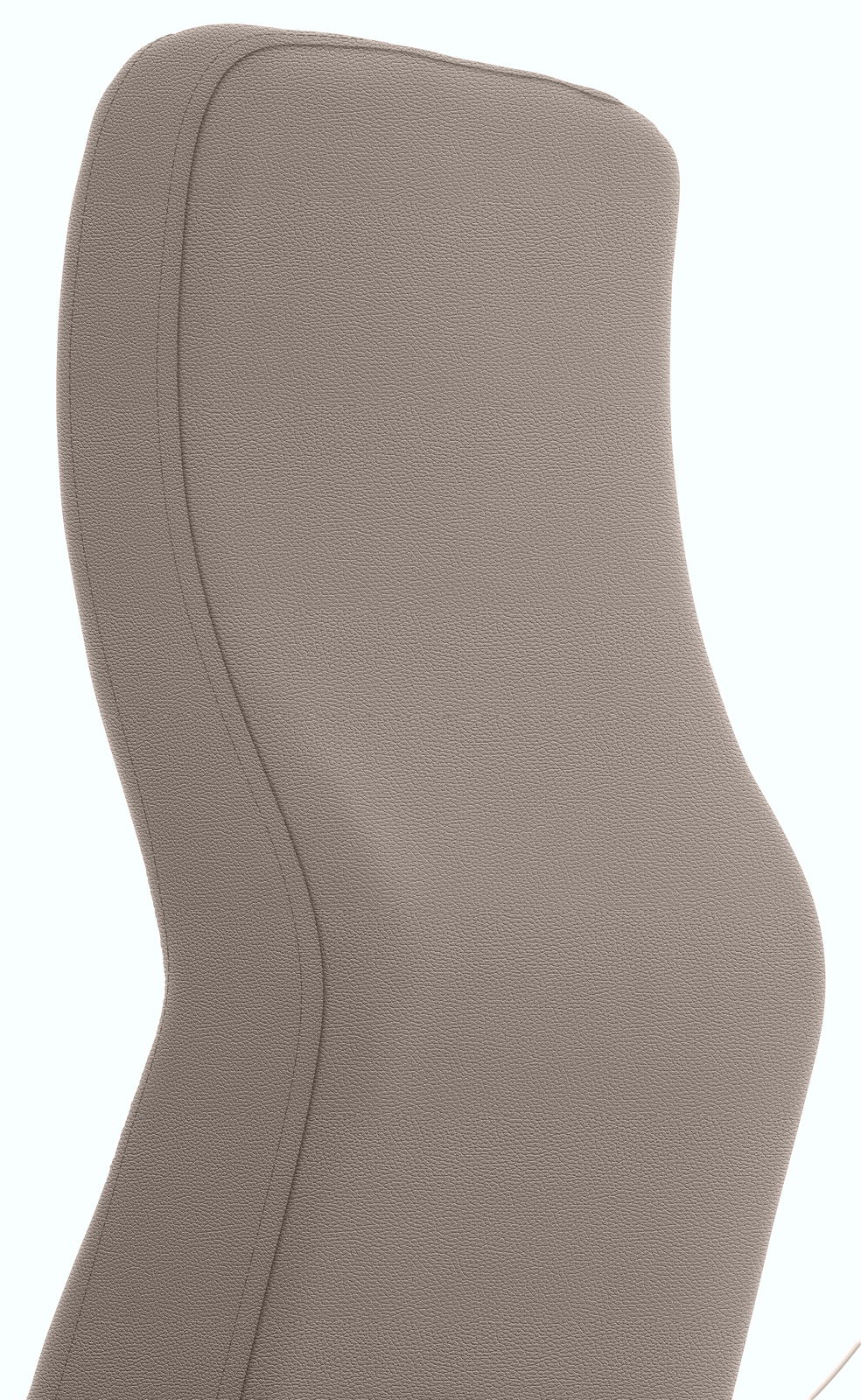 Rückansicht einer ergonomisch geformten Rückenlehne eines Chefsessels in grauem Leder.