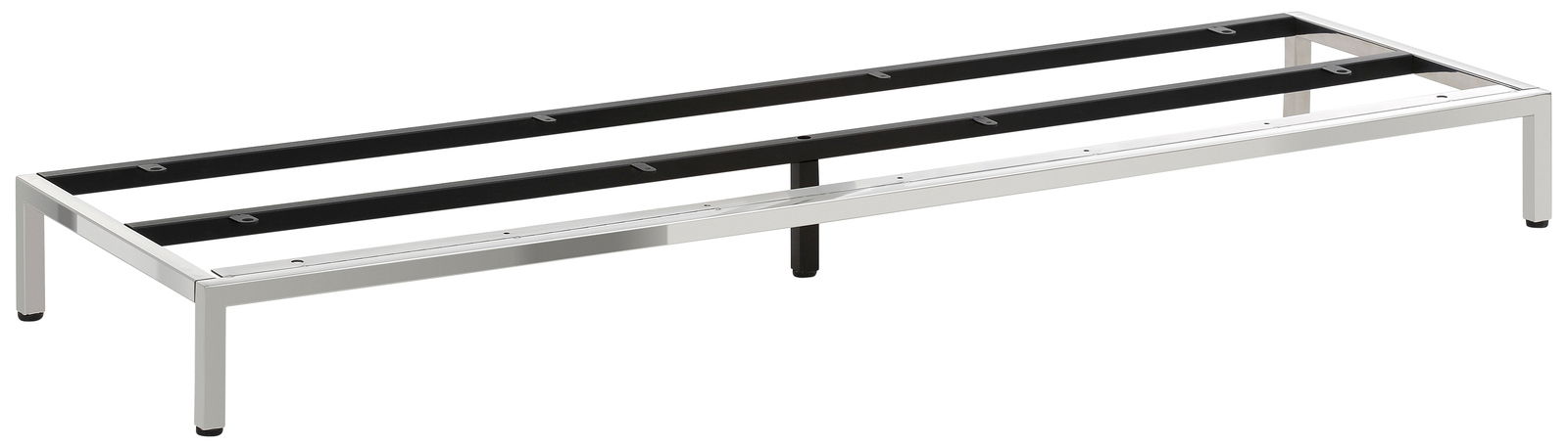 Metalluntergestell der Serie FOCUS in seitlicher Perspektive, silberfarben mit schwarzen Querstreben.