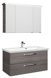 Moderner Badblock mit weißem Spiegelschrank und grauem Waschtisch, Frontansicht.